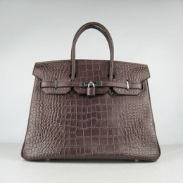 Hermes Birkin 35Cm Crocodile Stripe Handbags Dark Coffee Silver